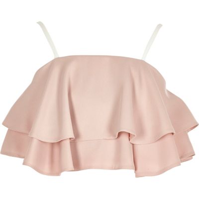 Girls pink double frill crop top